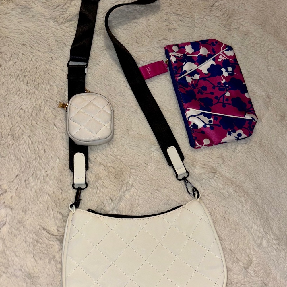 White Quilted Women's crossbody w/AirPod carrier/coin purse&cosmetic bag (3 pcs)